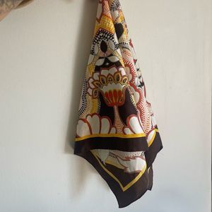Vintage retro 70s brown and yellow and cream Silk like scarf